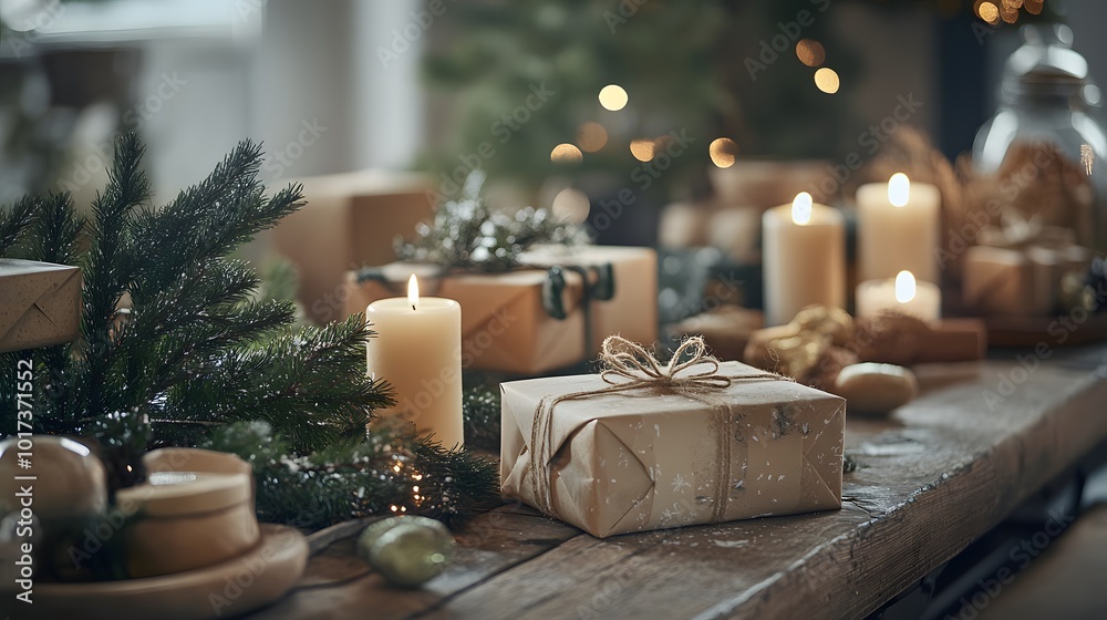 Rustic Christmas Tabletop with Presents, Candles, and Pine Boughs Rustic Christmas Tabletop with Presents, Candles, and Pine Boughs