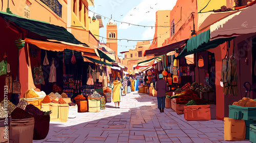 A vibrant street market in marrakech, filled with exotic spices, handcrafted goods, and the bustling energy of local vendors. Moroccan Souk. Illustration