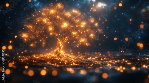 Glowing Abstract Tree Of Life With Luminous Orange Particles Against A Dark Starry Background