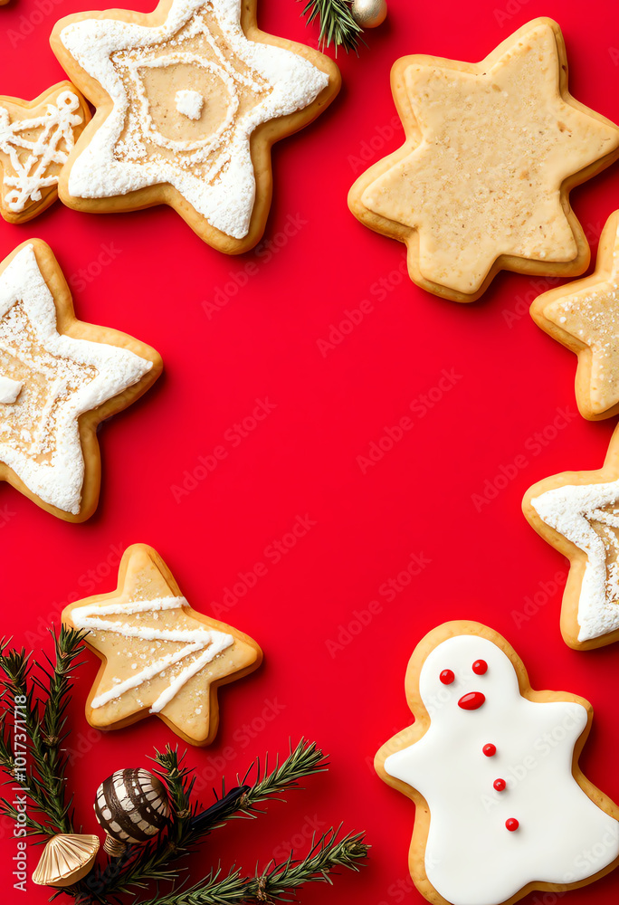 Flat lay copy space composition with tasty homemade Christmas cookies