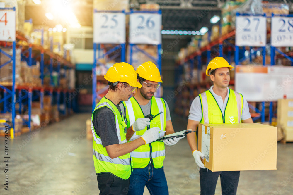 Three warehouse workers using a digital tablet while recording inventory. Logistics employees working with warehouse management software in a large distribution centre. Three warehouse workers using a digital tablet while recording inventory. Logistics employees working with warehouse management software in a large distribution centre.
