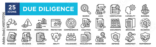 Due Diligence icon collection set. Containing design business, finance, concept, analysis, financial, investment