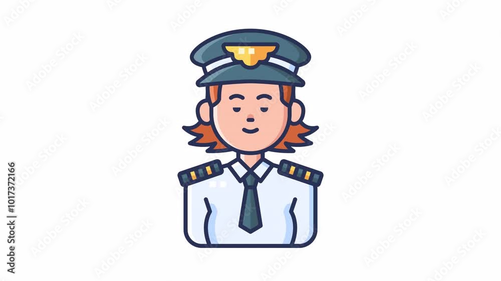 Animated avatar of a female pilot wearing a uniform and cap, representing the aviation profession. Animated avatar of a female pilot wearing a uniform and cap, representing the aviation profession.