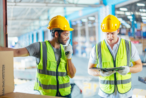Three warehouse workers using a digital tablet while recording inventory. Logistics employees working with warehouse management software in a large distribution centre.