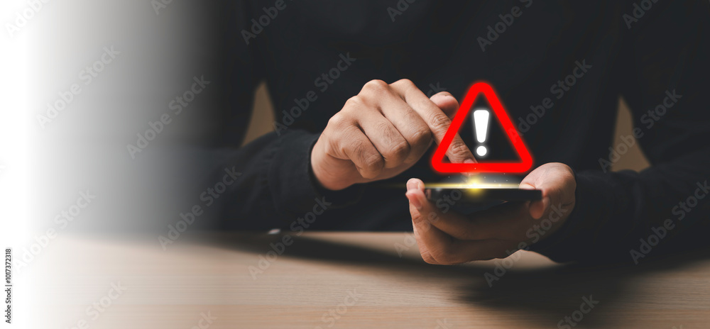 System warning caution alert, scam virus attack on notification email by smartphone to customer, Network security vulnerability, data breach, illegal connection and information danger.