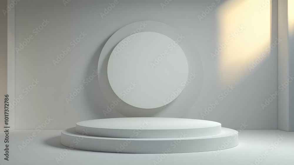 White Circular Pedestal in Minimalist Room with Sunlight White Circular Pedestal in Minimalist Room with Sunlight