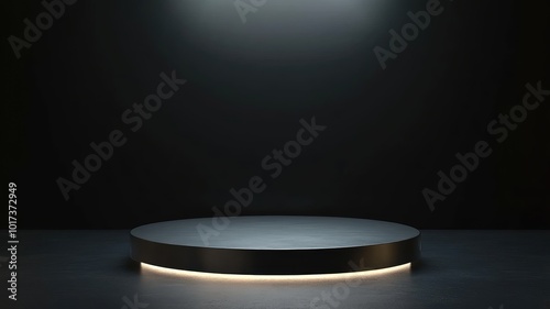 Black Circular Pedestal with Subtle Glow in a Dark Room