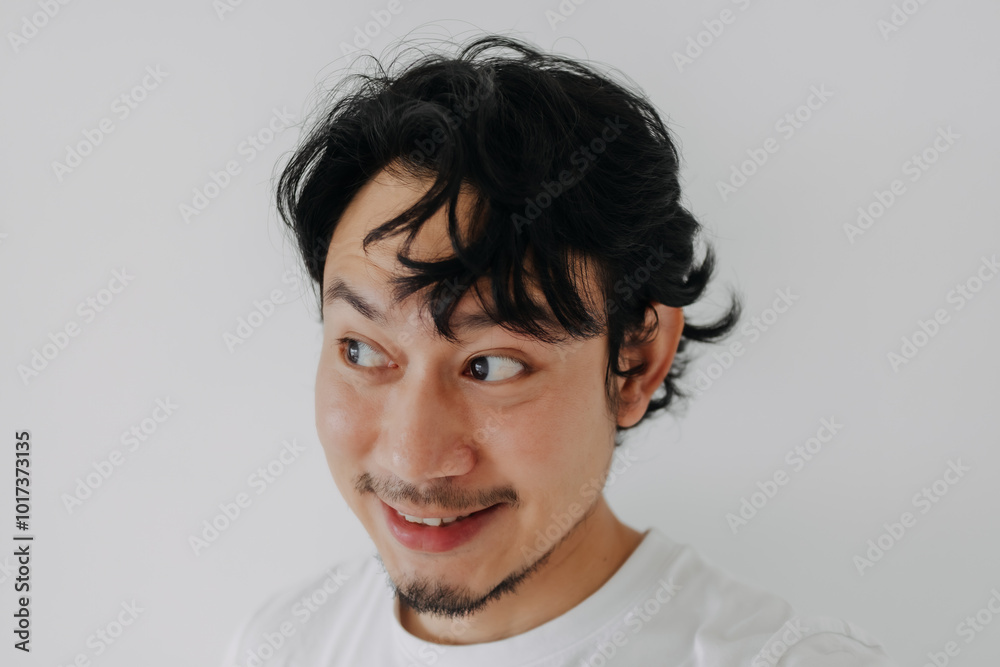 Obraz premium Happy smile face Asian man taking selfie of himself isolate on white background.