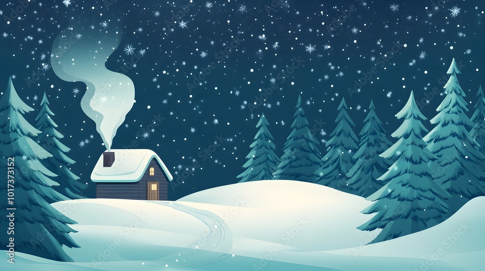 Naklejka premium A Cozy Cabin Nestled in a Snowy Forest at Night