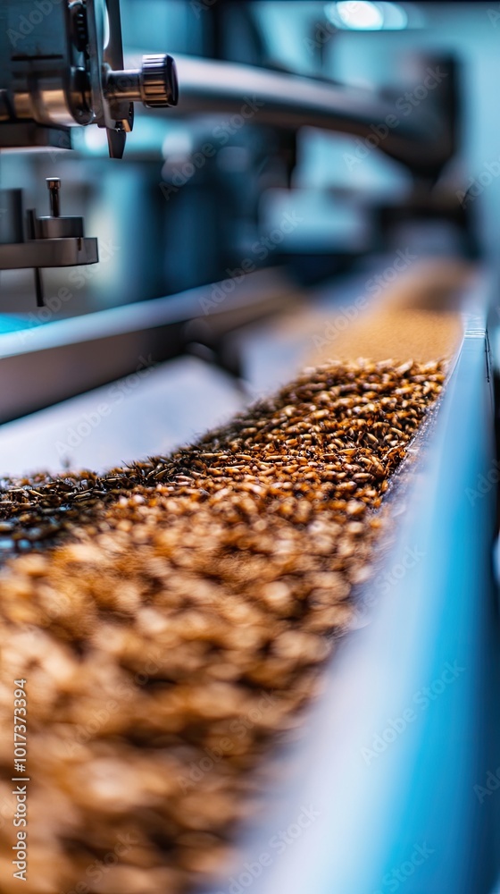 Close-Up of Industrial Conveyor Belt with Processed Food Items in a Modern Manufacturing Facility Close-Up of Industrial Conveyor Belt with Processed Food Items in a Modern Manufacturing Facility