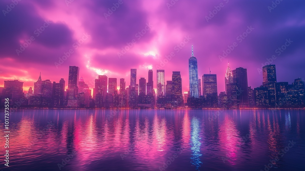 Fototapeta premium New York city from the water with a purple sky and all the lights