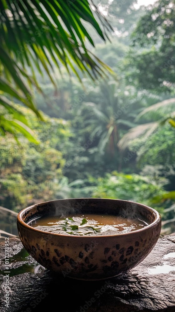 Steaming Bowl of Soup in Tropical Jungle Setting with Lush Greenery and Misty Atmosphere Steaming Bowl of Soup in Tropical Jungle Setting with Lush Greenery and Misty Atmosphere