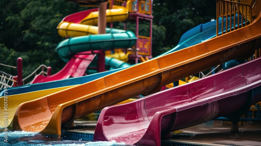 Splashing Good Time: Colorful Water Slides in an Outdoor Aquapark Setting Splashing Good Time: Colorful Water Slides in an Outdoor Aquapark Setting