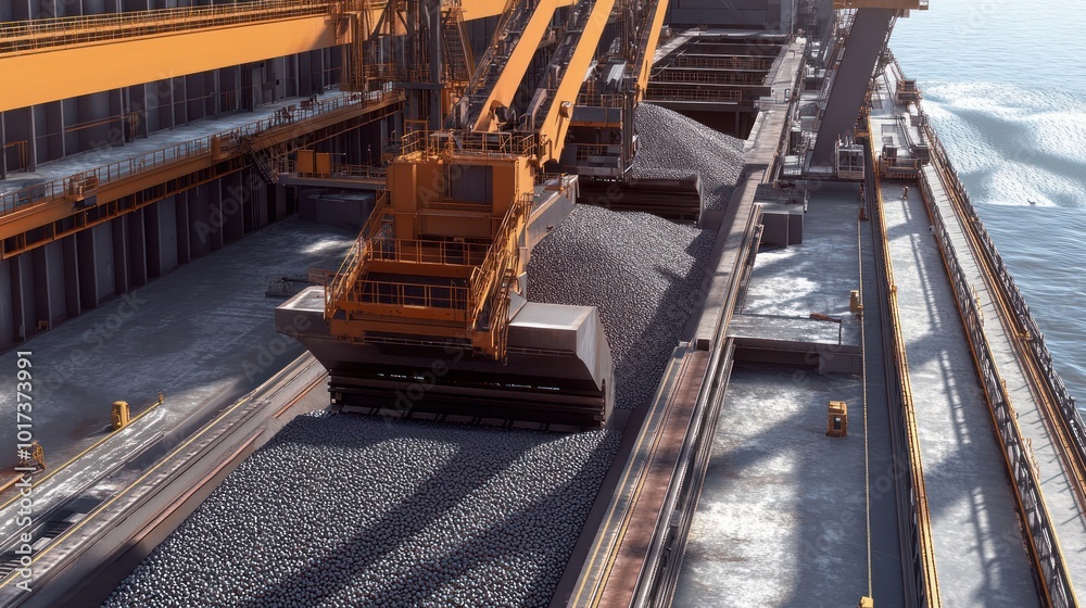 Detailed view of iron ore pellets being loaded onto a cargo ship, with a conveyor system moving thousands of small iron ore pellets into cargo bays on the ship in preparation for export. Detailed view of iron ore pellets being loaded onto a cargo ship, with a conveyor system moving thousands of small iron ore pellets into cargo bays on the ship in preparation for export.
