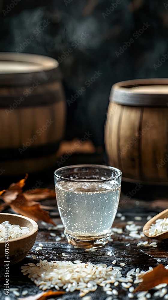 Traditional Japanese Sake in Glass with Rice and Wooden Barrels in Rustic Setting Traditional Japanese Sake in Glass with Rice and Wooden Barrels in Rustic Setting