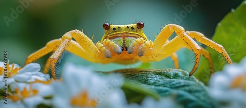 A yellow crab spider with prominent red eyes, perched on a green leaf surrounded by white flowers.