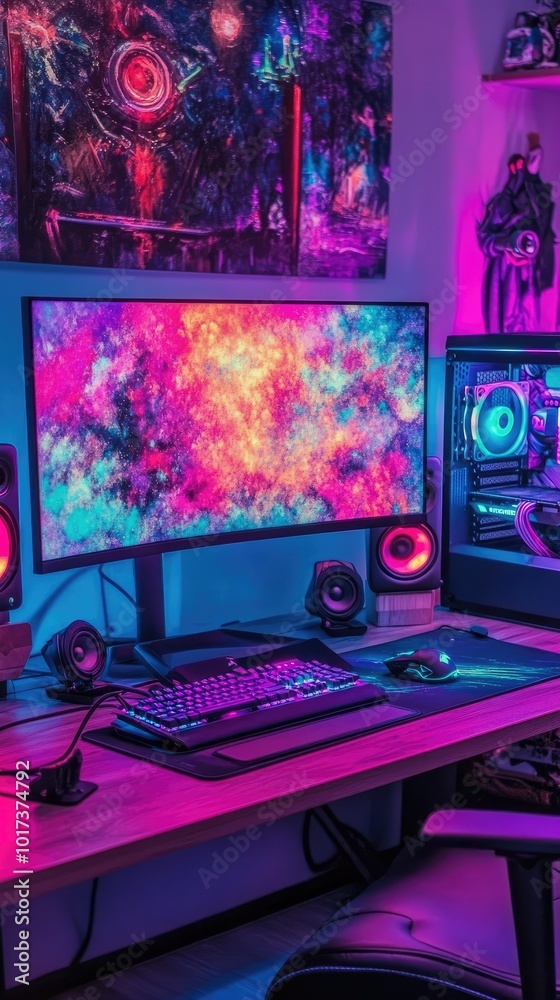 Vibrant Gaming Setup with Neon Lights and High-Resolution Monitor Displaying Colorful Galaxy Art Vibrant Gaming Setup with Neon Lights and High-Resolution Monitor Displaying Colorful Galaxy Art