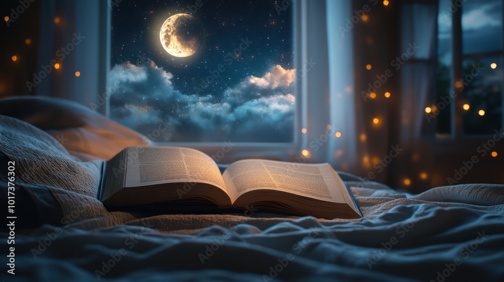 Obraz premium An open book lies on a bed with a night sky view through the win