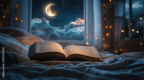 An open book lies on a bed with a night sky view through the win