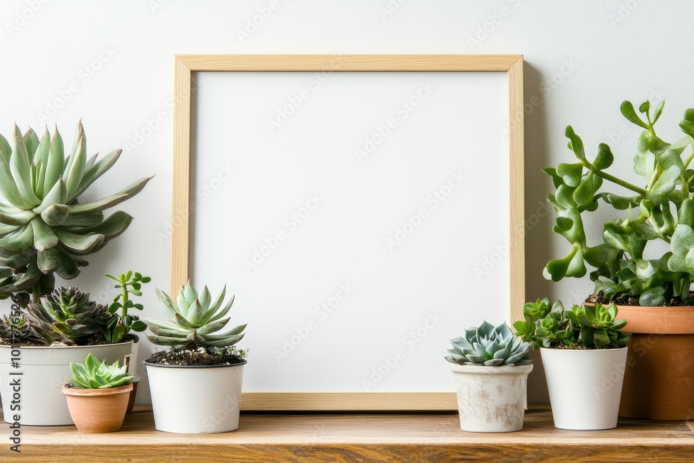 Blank wooden frame on a shelf with various succulents in pots. Blank wooden frame on a shelf with various succulents in pots.