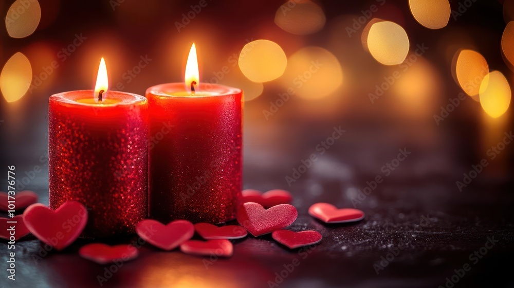 two red candles with hearts on a table two red candles with hearts on a table
