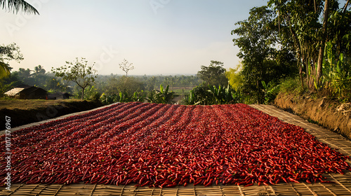 Chili peppers drying in the sun on a large mat, spread out for natural preservation in a rural outdoor environment