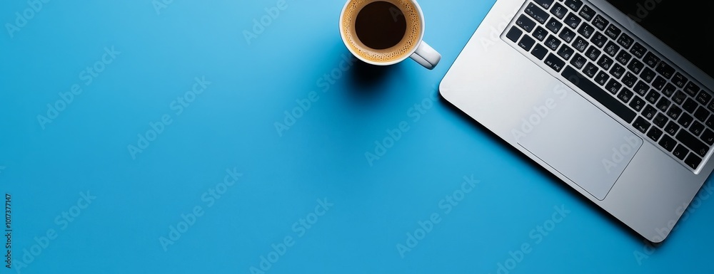 Overhead view of a coffee cup and a laptop on a bright blue background.