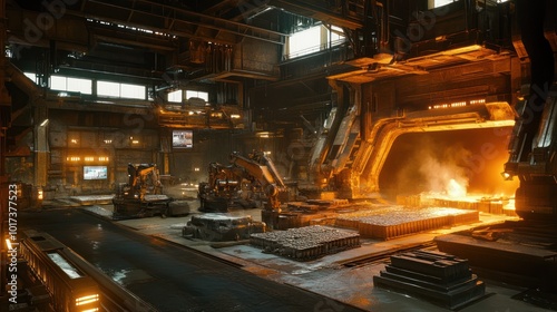 A futuristic foundry producing pig iron, with robotic arms handling the hot metal and stacking the freshly cast blocks, while screens monitor the cooling process. photo