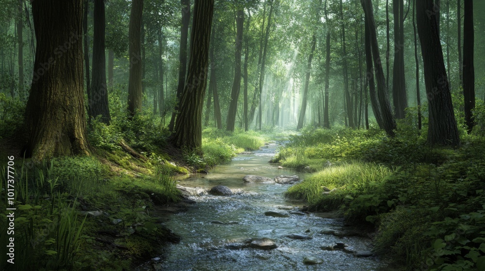 Obraz premium A misty forest path with a stream flowing through it.