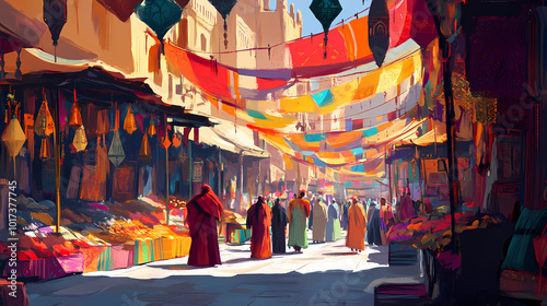 Bright moroccan market. Moroccan Souk. Illustration