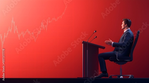 Businessman Delivering Engaging Keynote Speech at Market Finance Conference with Colorful Flat Design Animation in Side View Perspective