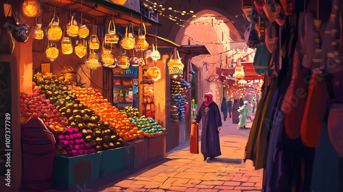 Bright moroccan market. Moroccan Souk. Illustration