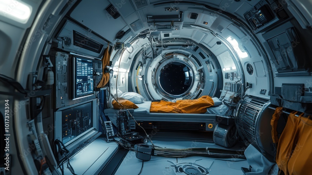 A futuristic living module inside a space station, with compact living quarters, advanced climate control systems, and a crew of astronauts floating in zero gravity. A futuristic living module inside a space station, with compact living quarters, advanced climate control systems, and a crew of astronauts floating in zero gravity.