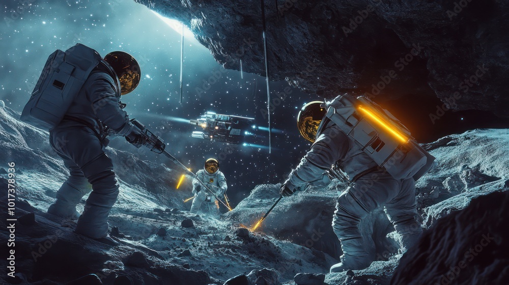 A futuristic scene of humans and AI workers in space suits digging into the core of an asteroid with laser drills poking through the surface to extract rare minerals while a spacecraft floats overhead A futuristic scene of humans and AI workers in space suits digging into the core of an asteroid with laser drills poking through the surface to extract rare minerals while a spacecraft floats overhead