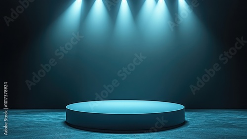 Illuminated Round Platform with Three Spotlights in a Dark Blue Setting