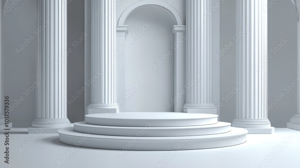 White Circular Pedestal in Classical Architectural Setting White Circular Pedestal in Classical Architectural Setting