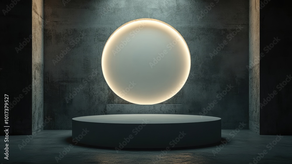 Circular Platform with Glowing Oval in a Concrete Room