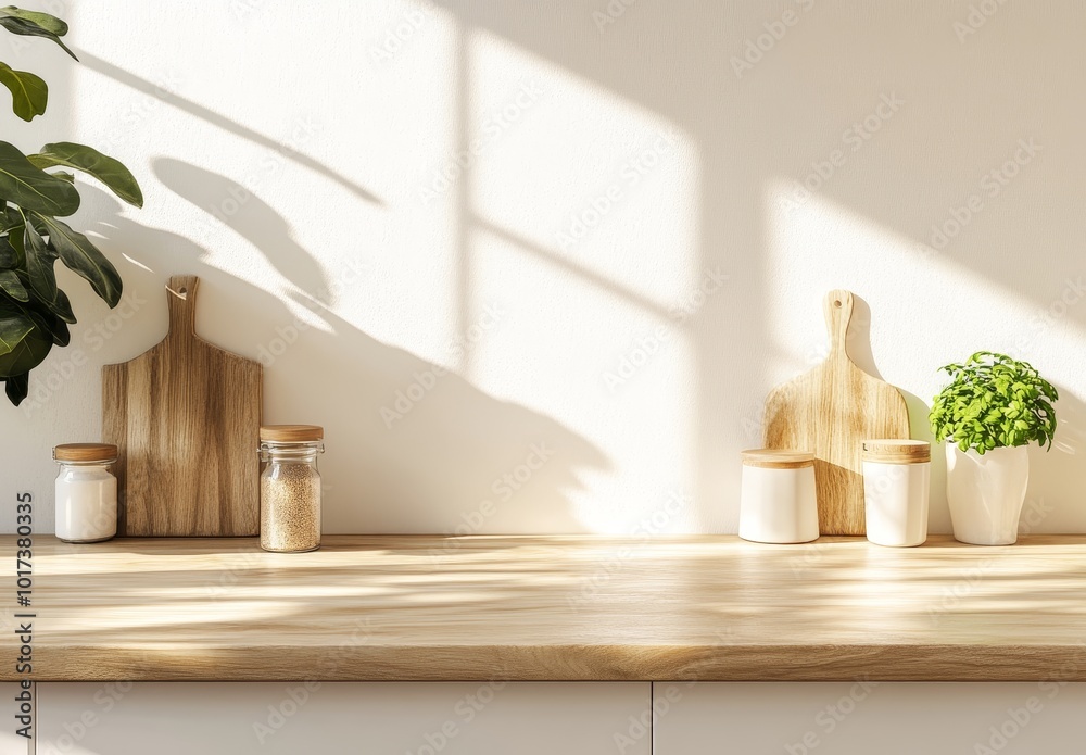 Empty kitchen counter with wood cutting boards, glass jars, and a green plant. Empty kitchen counter with wood cutting boards, glass jars, and a green plant.
