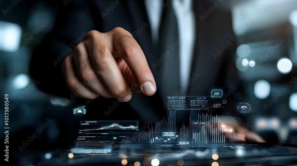 CEO Reviewing Cutting Edge Holographic Business Plan on Digital Dashboard with Advanced Data Visualizations and Analytics for Strategic Decision Making CEO Reviewing Cutting Edge Holographic Business Plan on Digital Dashboard with Advanced Data Visualizations and Analytics for Strategic Decision Making