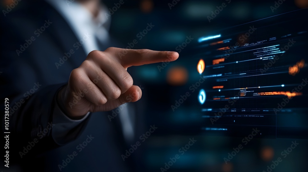 Fototapeta premium CEO Reviewing Digital Business Plan with Holographic Charts on Cutting Edge Technology Background Modern Corporate Strategy Data Analytics and Financial Report Presentation