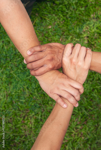 Vertical Partners hands together teamwork group of business people meeting in firm company office. Vertical Horizon of Diversity Hands join empower partnership teams connection Mergers acquisitions