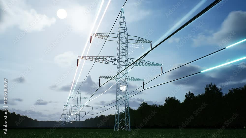 Timelapse visualization of energy travelling through industrial power tower cables over cloudy sky during day night cycle. AR data of electricity obtained from sustainable sources, 3d animation