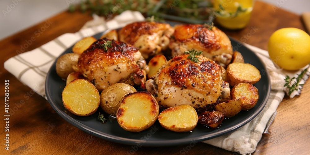 a plate of chicken and potatoes on a table a plate of chicken and potatoes on a table