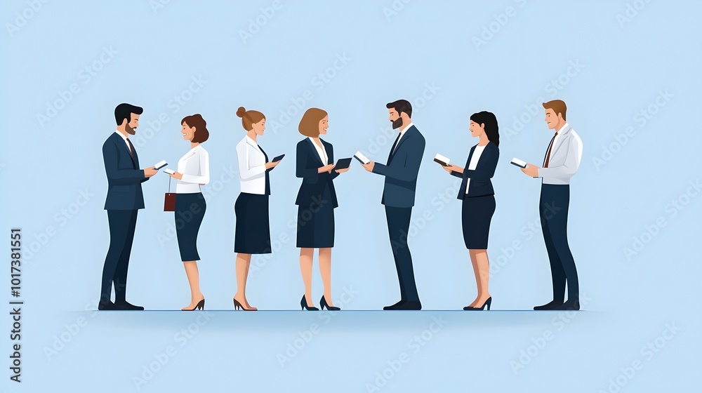 Obraz premium Professional Business Team Networking and Exchanging Business Cards at a Corporate Event Flat Design Showcasing Career Opportunities