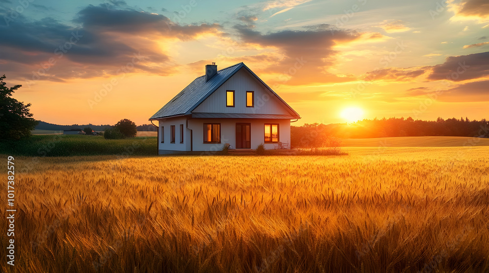 Serene sunset over a house in a golden wheat field.