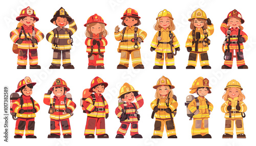 Children firefighters. Cartoon boy and girl kids in professional costumes red uniform set vector illustration