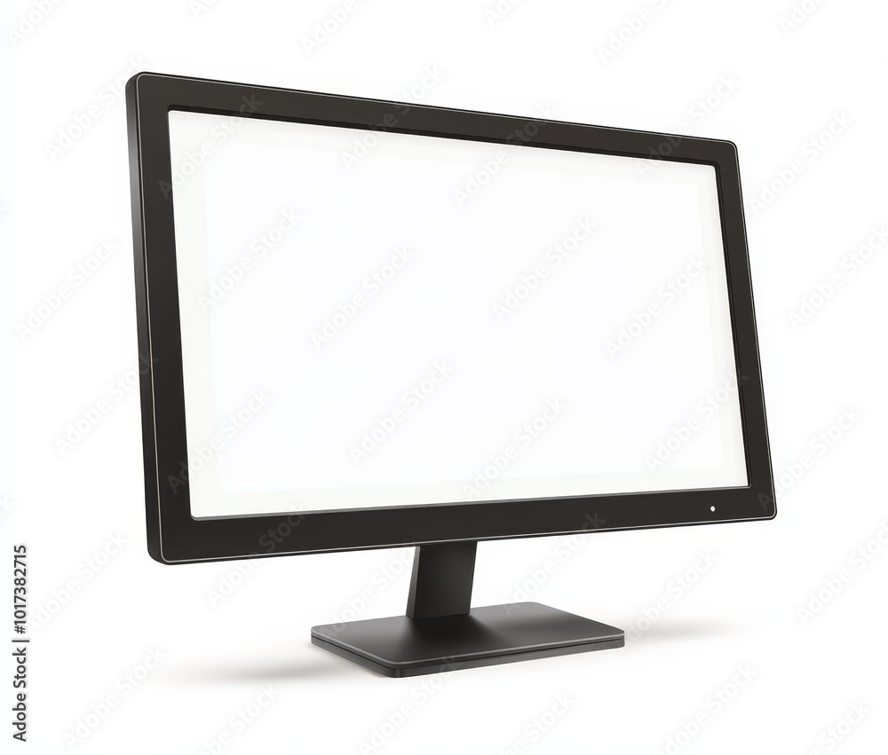 A black computer monitor with a blank white screen. A black computer monitor with a blank white screen.