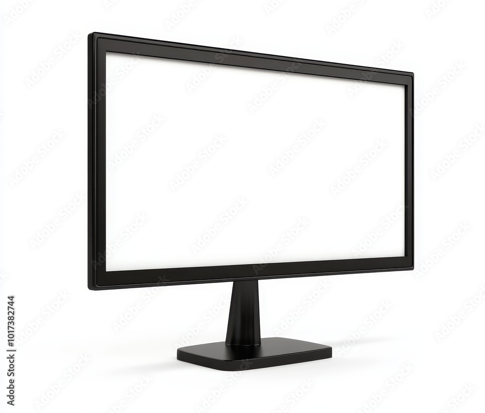 A black computer monitor with a blank white screen on a white background. A black computer monitor with a blank white screen on a white background.