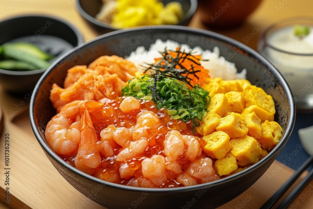 Japanese Seafood Donburi with Shrimp, Eggs, and Rice Japanese Seafood Donburi with Shrimp, Eggs, and Rice