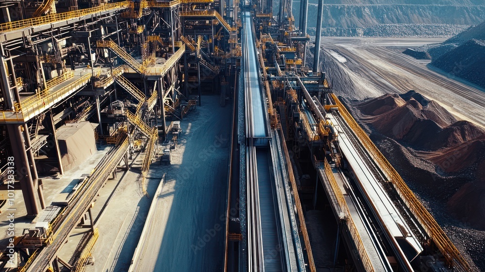 A large-scale iron processing plant with conveyor belts carrying raw iron ore through crushing and refining machines, while workers monitor the process from control rooms. A large-scale iron processing plant with conveyor belts carrying raw iron ore through crushing and refining machines, while workers monitor the process from control rooms.